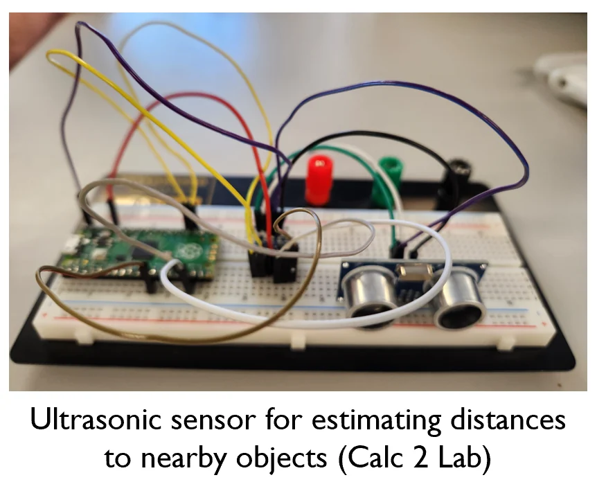 Ultrasonic distance sensor, Raspberry Pi Pico, LEDs, and wiring on a breadboard